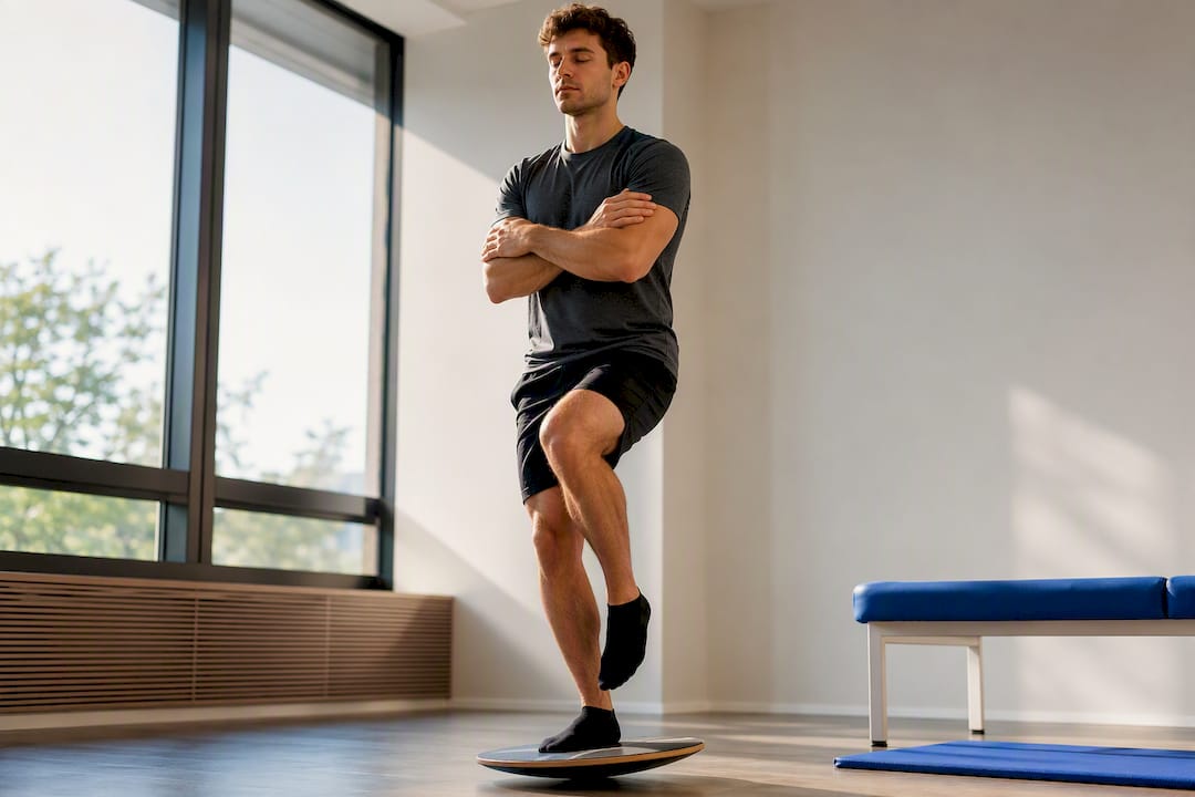 Atleta in equilibrio su una tavoletta instabile